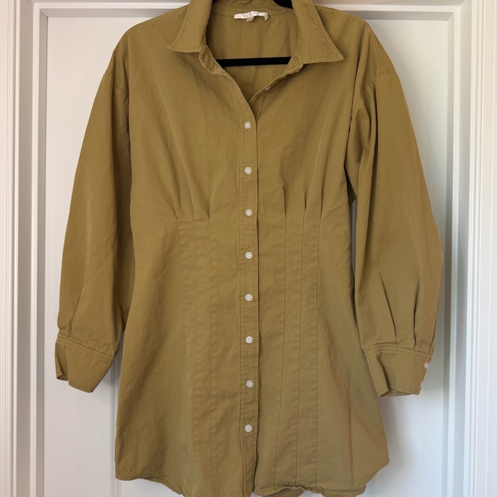 Wayf Libby Shirt Dress Khaki Tan Bloomingdale’s Cotton Lyocell Long Sleeve MED - Picture 2 of 11